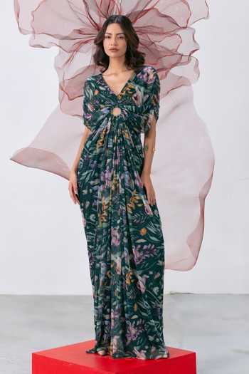 Buy_Vesture_Green Lycra, Mesh V-neck Sunehri Flowy Printed Gown _at_Aza_Fashions