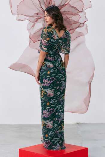 Vesture_Green Lycra, Mesh V-neck Sunehri Flowy Printed Gown _Online_at_Aza_Fashions