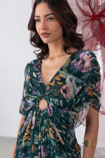 Buy_Vesture_Green Lycra, Mesh V-neck Sunehri Flowy Printed Gown 