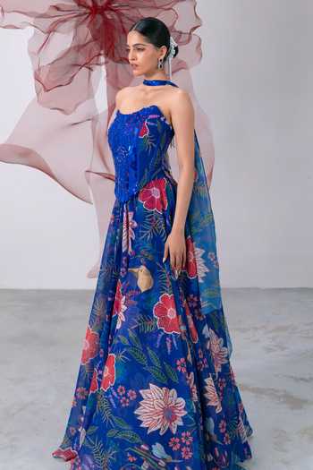 Shop_Vesture_Blue Organza Mirrors Bandeau Neck Suroor Embellished Corset Printed Lehenga Set _Online_at_Aza_Fashions