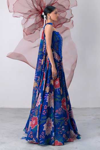 Vesture_Blue Organza Mirrors Bandeau Neck Suroor Embellished Corset Printed Lehenga Set _at_Aza_Fashions