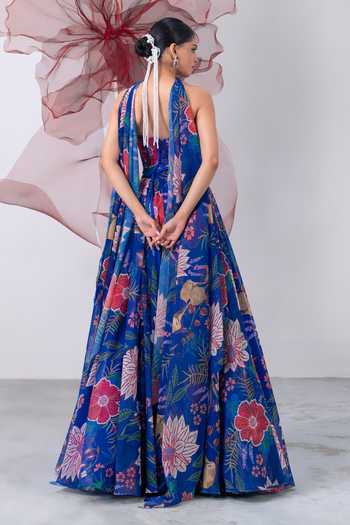 Vesture_Blue Organza Mirrors Bandeau Neck Suroor Embellished Corset Printed Lehenga Set _Online_at_Aza_Fashions