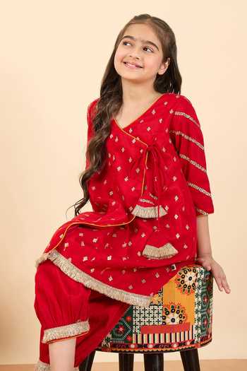 Shop_StyloBug_Red Polyester Embroidered Side Tie-up Kurta And Pant Set _Online_at_Aza_Fashions