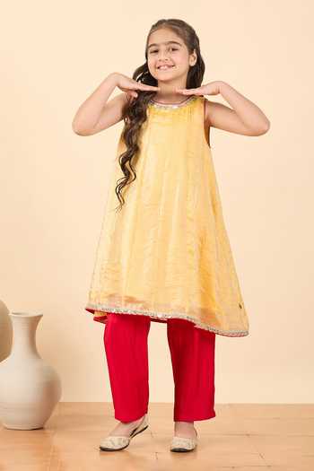 Buy_StyloBug_Yellow Polyester Embellished Kurta And Pant Set _at_Aza_Fashions