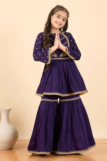 Buy_StyloBug_Purple Polyester Embroidered Kurta And Sharara Set _Online_at_Aza_Fashions