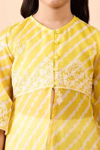 StyloBug_Yellow Polyester Embroidered Side Slit Kurta And Pant Set _Online_at_Aza_Fashions