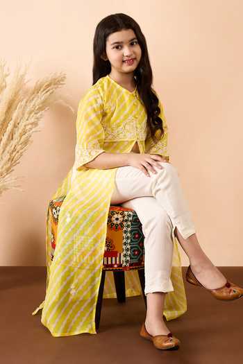 Shop_StyloBug_Yellow Polyester Embroidered Side Slit Kurta And Pant Set _Online_at_Aza_Fashions