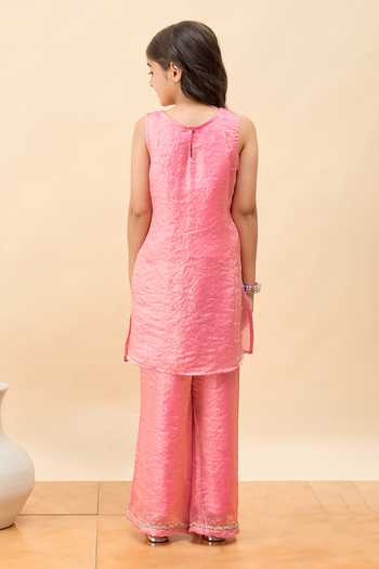 Shop_StyloBug_Pink Polyester Dotted Embellished Kurta And Pant Set _at_Aza_Fashions