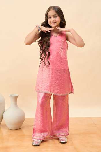 Buy_StyloBug_Pink Polyester Dotted Embellished Kurta And Pant Set _at_Aza_Fashions