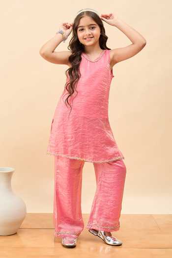 StyloBug_Pink Polyester Dotted Embellished Kurta And Pant Set _Online_at_Aza_Fashions