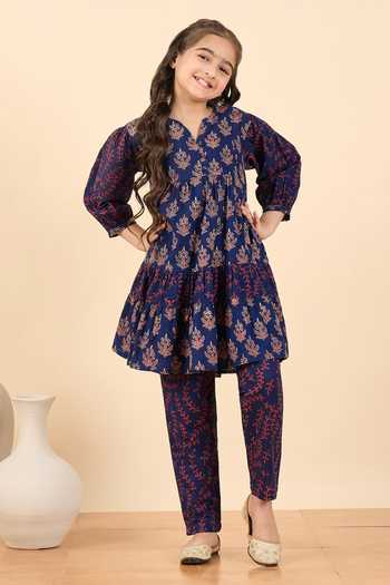 Buy_StyloBug_Blue Cotton Block Print Kurta With Pant _at_Aza_Fashions