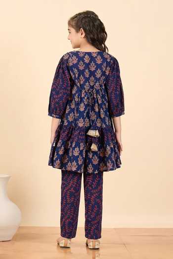 Shop_StyloBug_Blue Cotton Block Print Kurta With Pant _at_Aza_Fashions