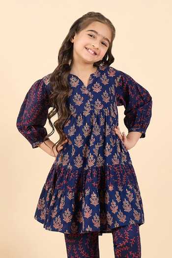 Buy_StyloBug_Blue Cotton Block Print Kurta With Pant _Online_at_Aza_Fashions
