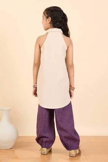 Shop_StyloBug_Off White Polyester Embroidered Kurta And Pant Set _at_Aza_Fashions