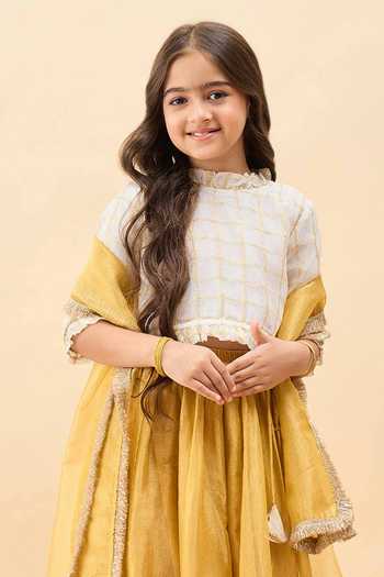 StyloBug_Mustard Polyester Chequered Pattern Blouse Lehenga Set _Online_at_Aza_Fashions