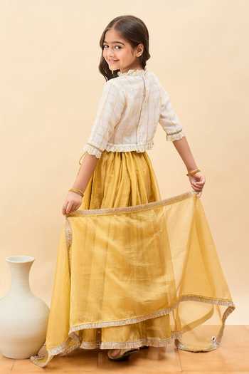 Shop_StyloBug_Mustard Polyester Chequered Pattern Blouse Lehenga Set _at_Aza_Fashions