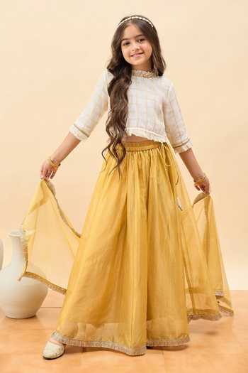 Buy_StyloBug_Mustard Polyester Chequered Pattern Blouse Lehenga Set _Online_at_Aza_Fashions