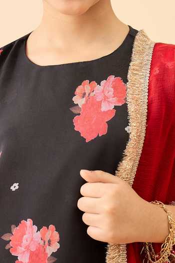 Buy_StyloBug_Black Polyester Floral Print Kurta Set  _Online_at_Aza_Fashions