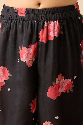 Shop_StyloBug_Black Polyester Floral Print Kurta Set  _Online_at_Aza_Fashions