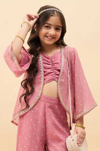 StyloBug_Peach Polyester Scallop Embroidered Jacket Pant Set _Online_at_Aza_Fashions