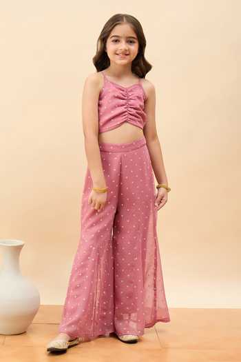 Buy_StyloBug_Peach Polyester Scallop Embroidered Jacket Pant Set _Online_at_Aza_Fashions