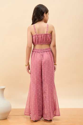 Shop_StyloBug_Peach Polyester Scallop Embroidered Jacket Pant Set _Online_at_Aza_Fashions