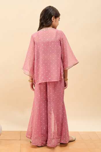 Shop_StyloBug_Peach Polyester Scallop Embroidered Jacket Pant Set _at_Aza_Fashions