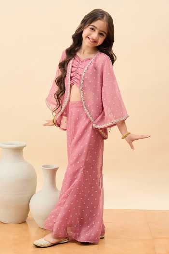 StyloBug_Peach Polyester Scallop Embroidered Jacket Pant Set _at_Aza_Fashions