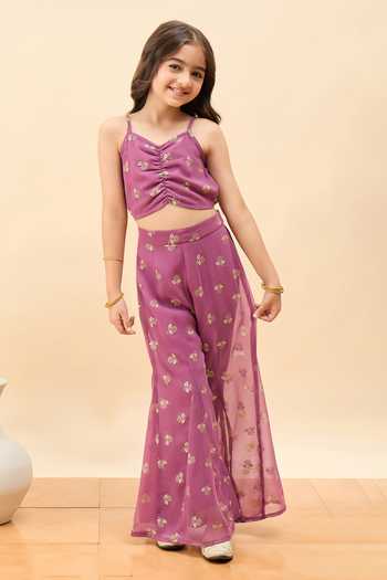StyloBug_Pink Polyester Floral Pattern Jacket Set  _Online_at_Aza_Fashions