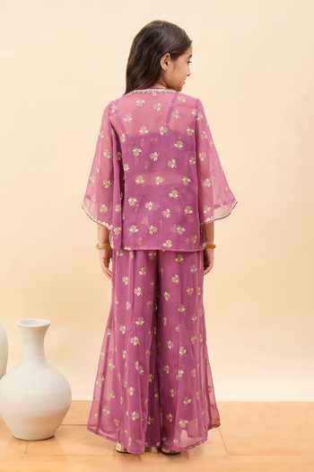 Shop_StyloBug_Pink Polyester Floral Pattern Jacket Set  _at_Aza_Fashions
