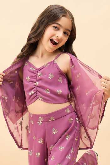StyloBug_Pink Polyester Floral Pattern Jacket Set  _at_Aza_Fashions