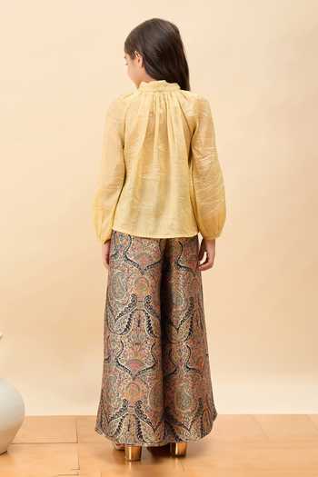 Shop_StyloBug_Gold Polyester Bow Neck Top And Pant Set _at_Aza_Fashions