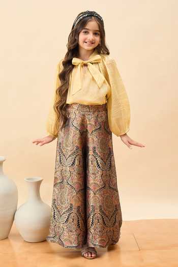 Buy_StyloBug_Gold Polyester Bow Neck Top And Pant Set _at_Aza_Fashions