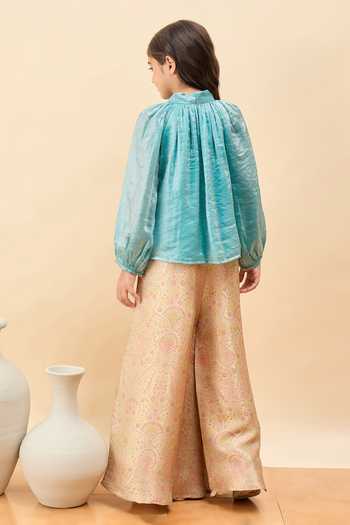 Shop_StyloBug_Blue Polyester Bow Tie Top And Pant Set _at_Aza_Fashions