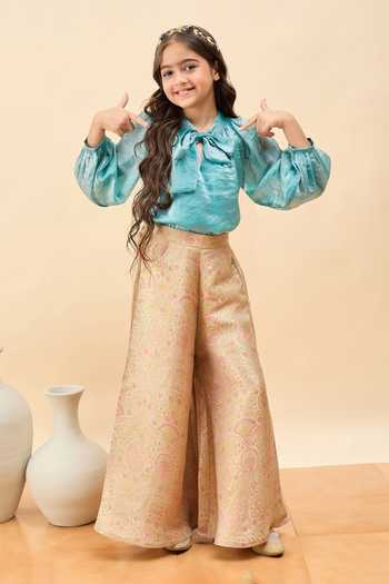 Buy_StyloBug_Blue Polyester Bow Tie Top And Pant Set _at_Aza_Fashions