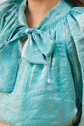 StyloBug_Blue Polyester Bow Tie Top And Pant Set _Online_at_Aza_Fashions