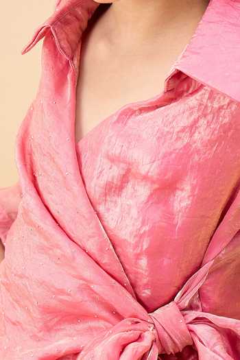 StyloBug_Pink Polyester Wrap Top And Pant Set  _Online_at_Aza_Fashions