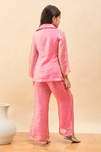 Shop_StyloBug_Pink Polyester Wrap Top And Pant Set  _at_Aza_Fashions