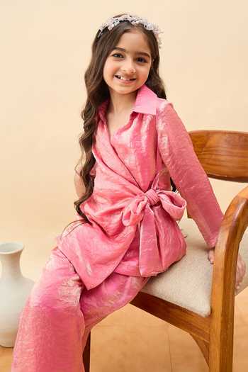 Shop_StyloBug_Pink Polyester Wrap Top And Pant Set  _Online_at_Aza_Fashions