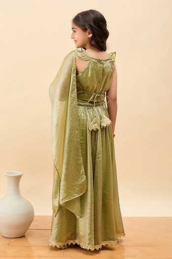 Shop_StyloBug_Green Polyester Embroidered Blouse Lehenga Set _at_Aza_Fashions