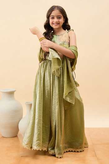 Buy_StyloBug_Green Polyester Embroidered Blouse Lehenga Set _Online_at_Aza_Fashions