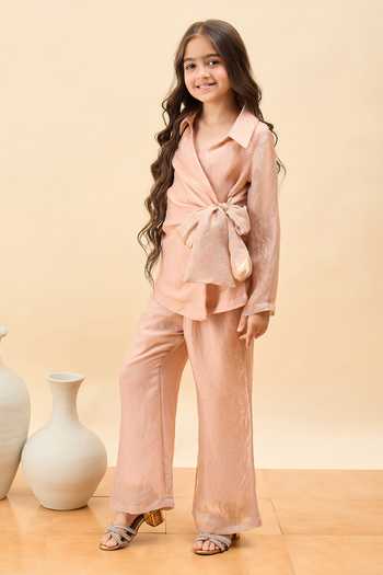 StyloBug_Gold Polyester Side Waist Tie-up Top And Pant Set _Online_at_Aza_Fashions