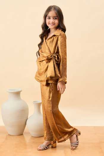 StyloBug_Brown Polyester Wrap Tie-up Top And Pant Set _Online_at_Aza_Fashions