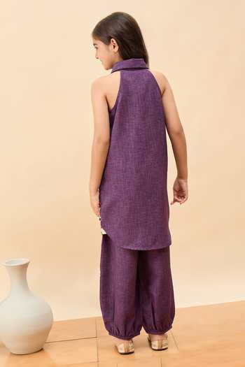 Shop_StyloBug_Purple Polyester Embroidered Kurta And Pant Set _at_Aza_Fashions