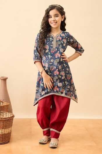Buy_StyloBug_Blue Polyester Floral Garden Print Kurta And Pant Set _at_Aza_Fashions