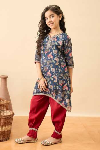 Buy_StyloBug_Blue Polyester Floral Garden Print Kurta And Pant Set _Online_at_Aza_Fashions