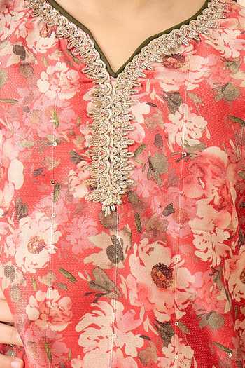 StyloBug_Red Polyester Floral Pattern Kurta And Pant Set _Online_at_Aza_Fashions