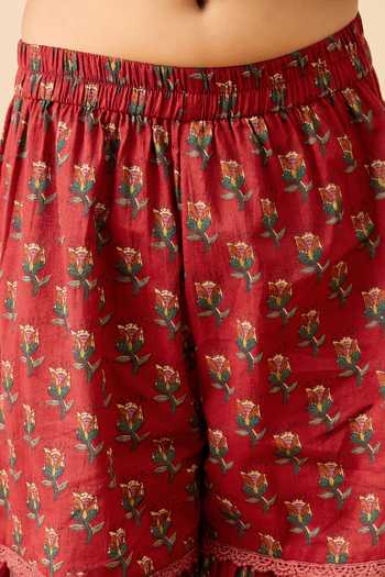 Shop_StyloBug_Maroon Cotton Floral Print Kurta And Pant Set _Online_at_Aza_Fashions