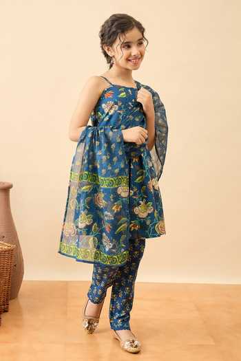 Buy_StyloBug_Blue Cotton Floral Print Kurta Set _Online_at_Aza_Fashions