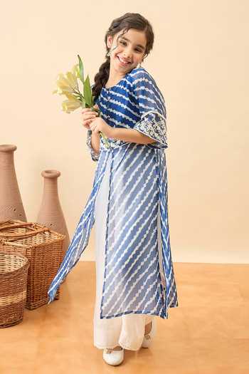 Shop_StyloBug_Blue Polyester Wavy Print Kurta And Pant Set _Online_at_Aza_Fashions